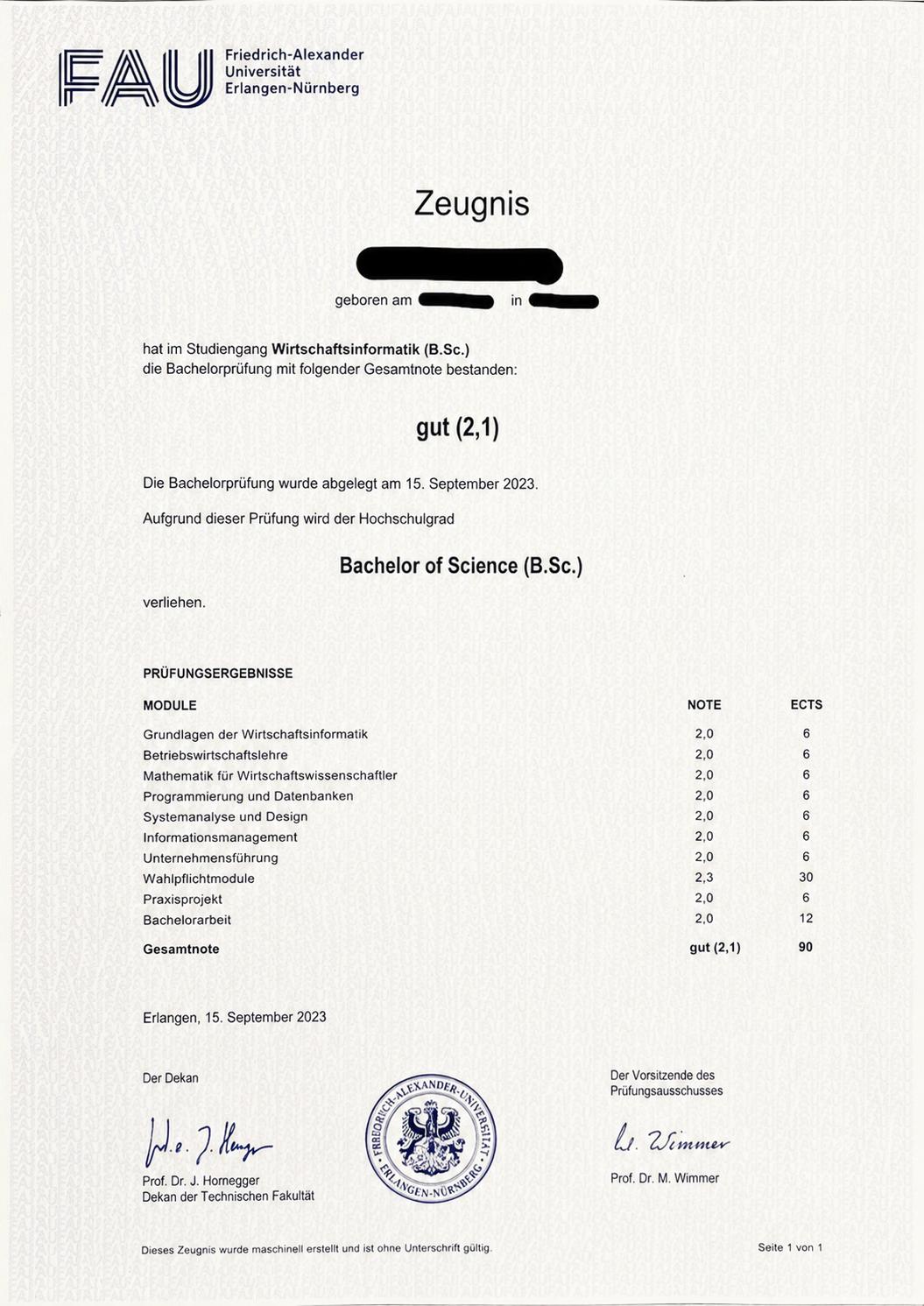 Bachelor Zeugnis